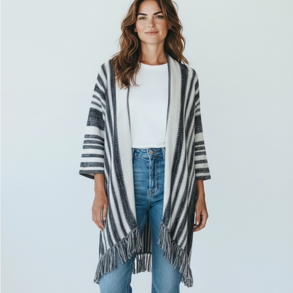Wooden Ships Blue White Striped Knit Fringe Hem Open Cardigan Sweater size S/M